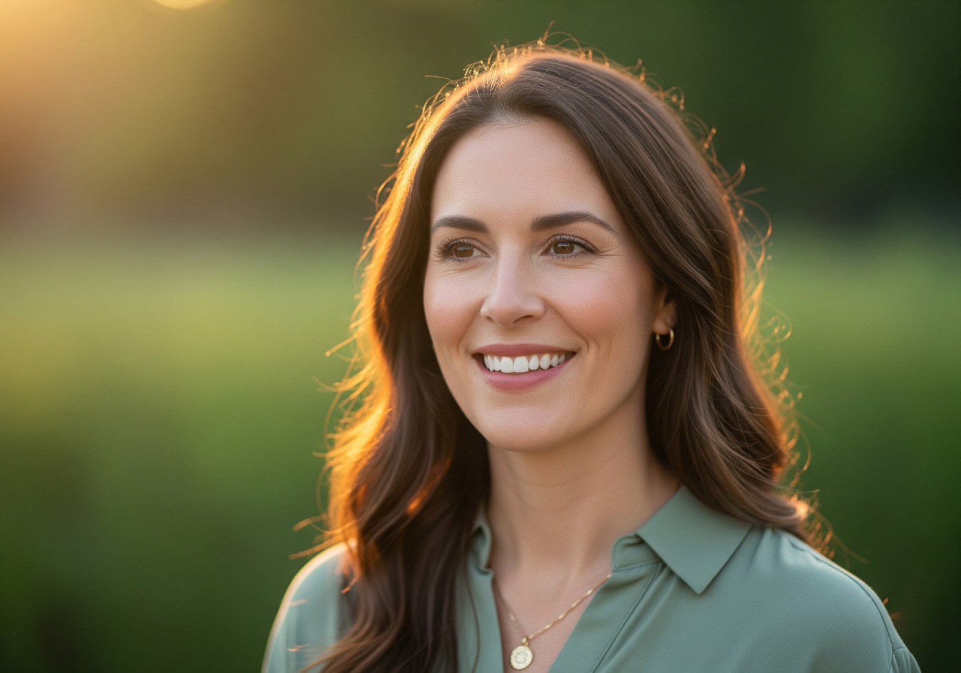 A woman smiling in soft golden-hour light outdoors