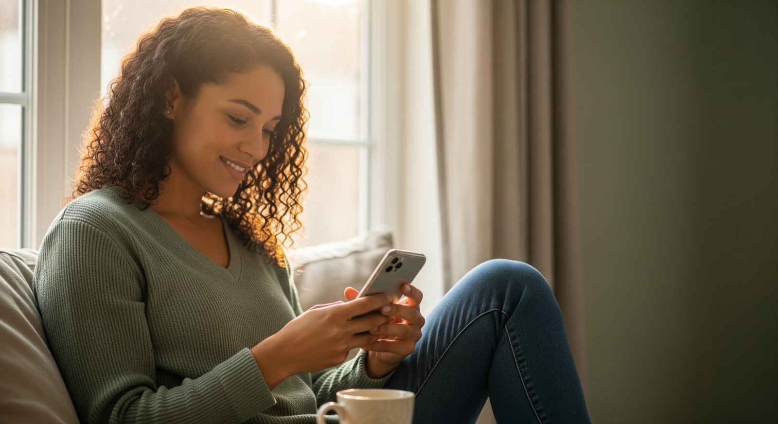A woman relaxing at home, reading her health results on her phone